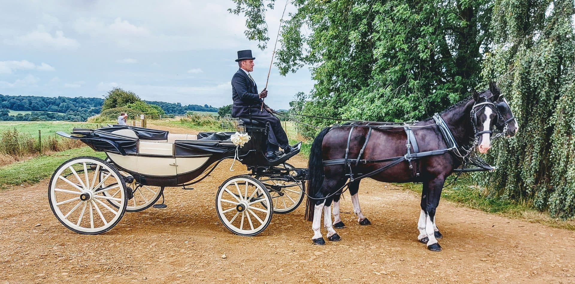 The blue Landau carriage at a trot through the Belvoir Castle estate, Leicestershire
